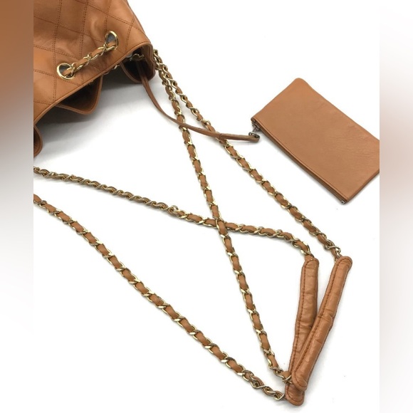 CHANEL Bicolor Lambskin Drawstring Chain Shoulder Tote Bag Brown with Pouch - Picture 7 of 10